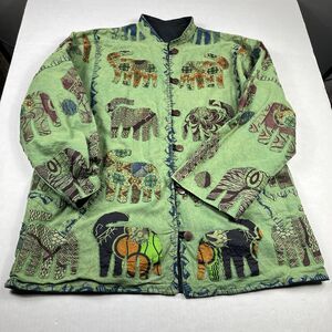 Silverstream Vintage Button Jacket Green Elephant Applique Boho Art to Wear OS